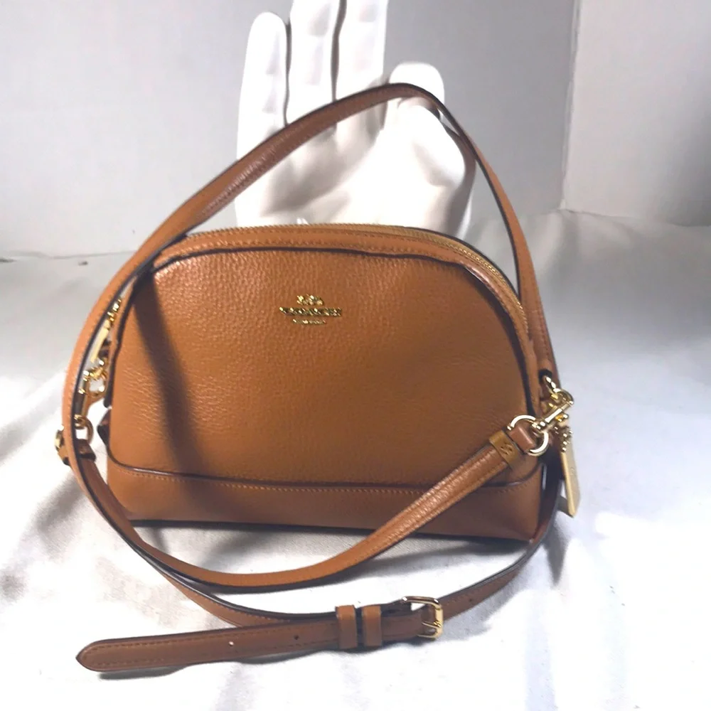 Coach Dome Women’s Brown Pebble Leather Adjustable Strap Gold Logo Crossbody Bag